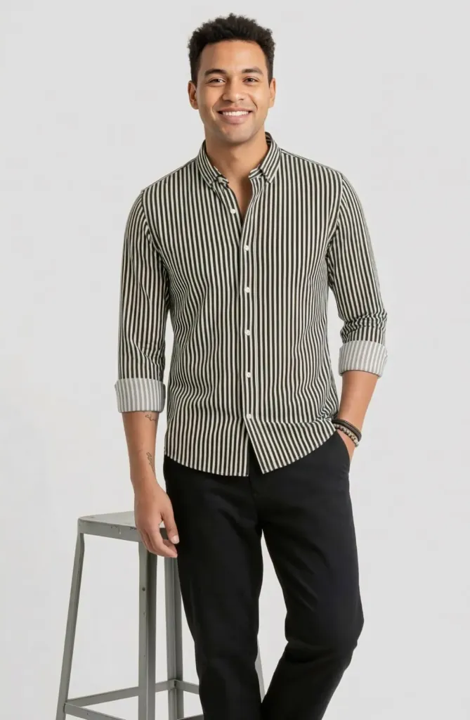 Men Comfort Slim Fit Black Striped Casual Shirt (M)